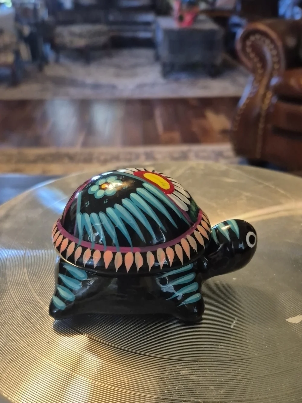 Minature Colorful Turtle Trinket Box.TalaVera From Mexico Flowers And Bird Motif